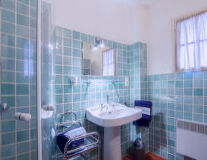 a green tiled shower and sink